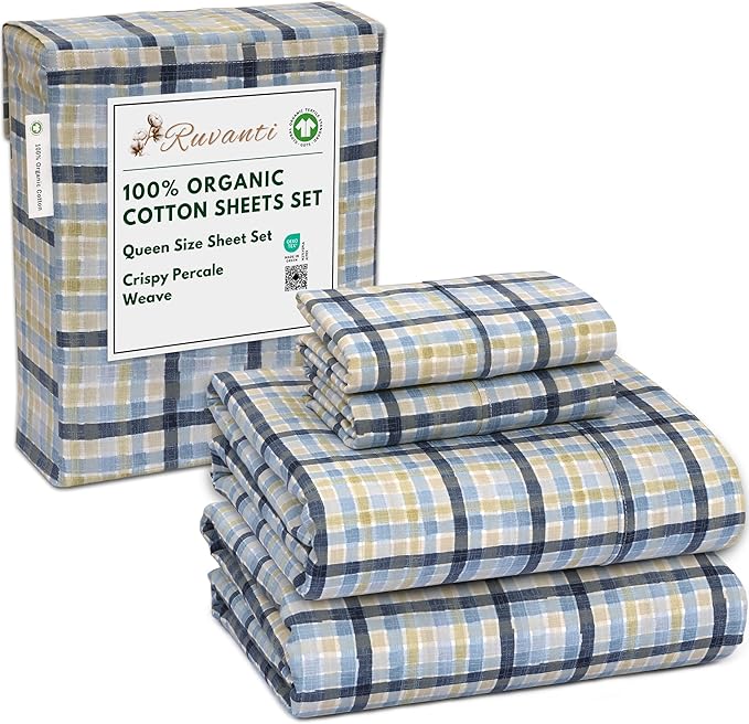 RUVANTI 100% Organic Cotton Sheets Queen Size, Percale Weave, GOTS Certified, 4-Piece Set, Deep Pocket 15", Crisp & Breathable, Soft Durable Bedding, Sábanas Algodón Orgánico – Pastel Print