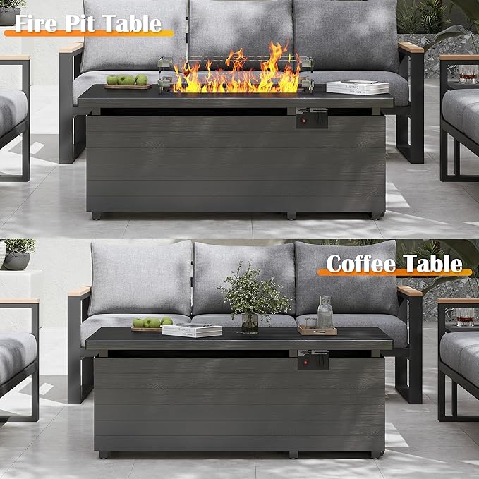Sundale Outdoor 51 Inch Outdoor Fire Pit Table, 50,000BTU Rectangle Propane Fire Pit with Sliding Tank Holder, Glass Wind Guard, Removable Lid, CSA Certified, Gray