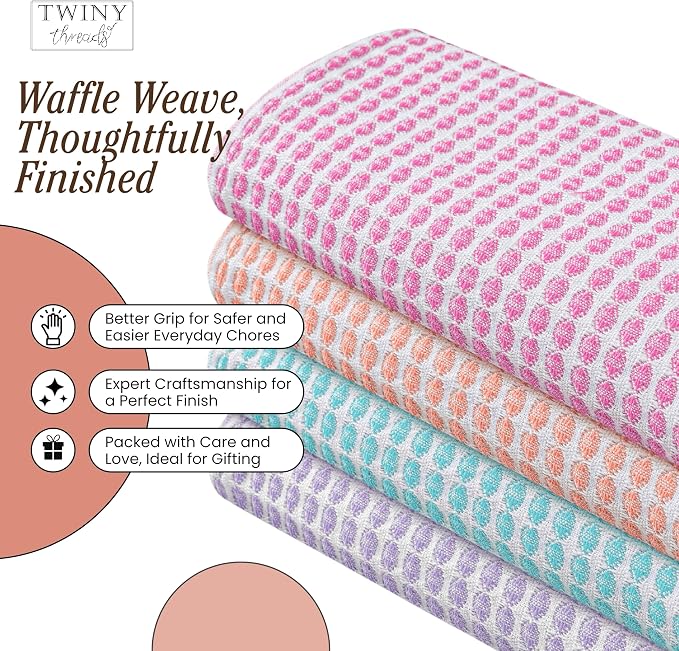 TWINY threads Circle Waffle Dish Towels 4 Pack, 16x26 Inches, 100% Cotton, Premium, Breathable, Quick Dry, Multi Purpose Kitchen Cloths, Suitable for Everyday Use, Housewarming Gifts, Assorted