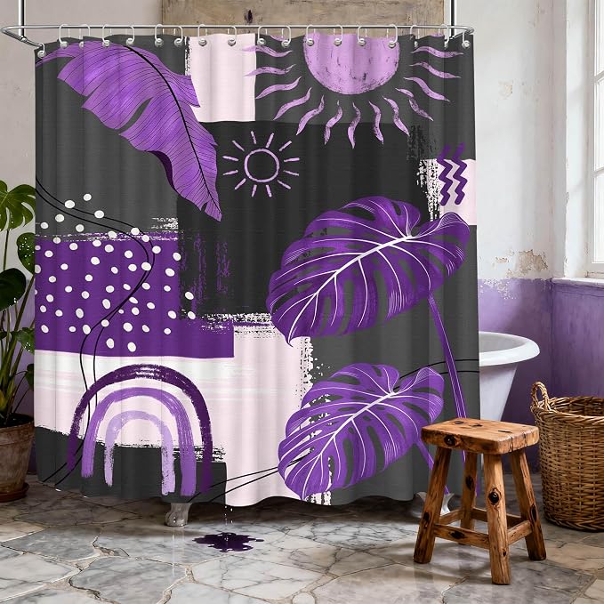 Extra Long Shower Curtain Extra Tall Purple and Gray Dark Purple and Grey XL Boho Shower Curtains for Large Bathroom Decor Sets, Waterproof Cloth Fabric with Hooks, 108x72 Inch