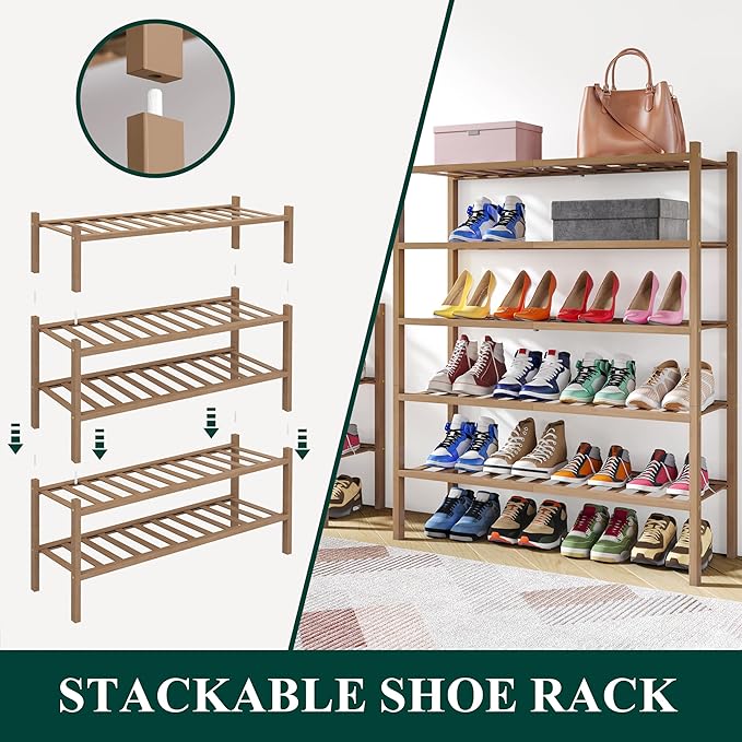 Smiry Shoe Rack, 3 Tier Thick Bamboo Shoe Organizer, Stackable Free Standing Wooden Shoe Storage Shelf for Closet, Entryway, Front Door Entrance, Walnut