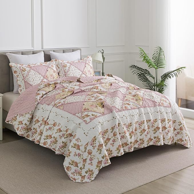 HoneiLife Quilt Set King Size - Fluffy Bedspreads 106x96, Microfiber Quilts 3-Piece, Patchwork Coverlet Rustic Bedding Sets All Season Quilts