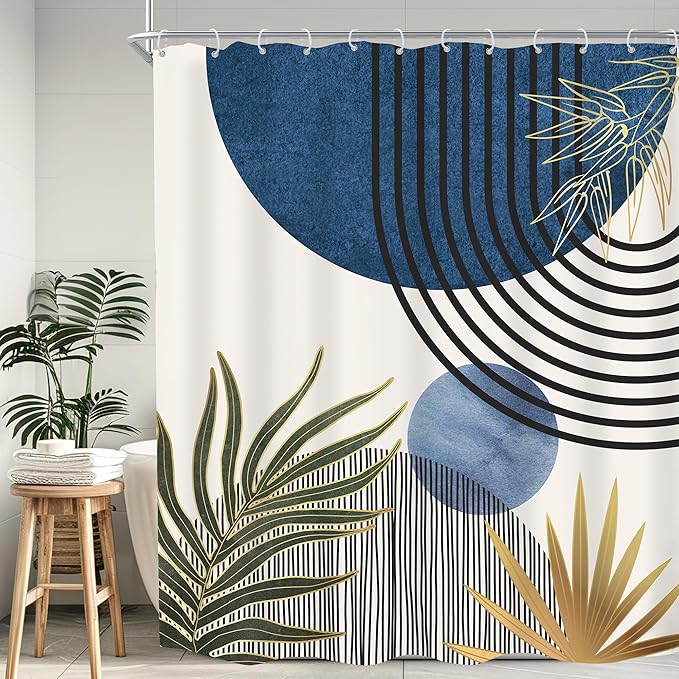 KOMLLEX Mid Century Blue Green Boho Shower Curtain 60Wx72L Inches Abstract Modern Shower Curtains for Bathroom Decor Plant Botanical Minimalist Arch Sun Fabric Liner Waterproof Polyester 12 Pack Hooks