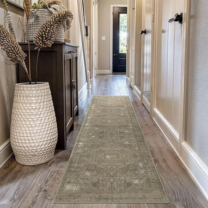 vivorug Runner Rug 2x10 Machine Washable Rug with Non-Slip Backing, Ideal for Kitchen Hallway Entryway Laundry Room - Vintage, Durable, Easy Clean, Low Pile Carpet Runner Olive