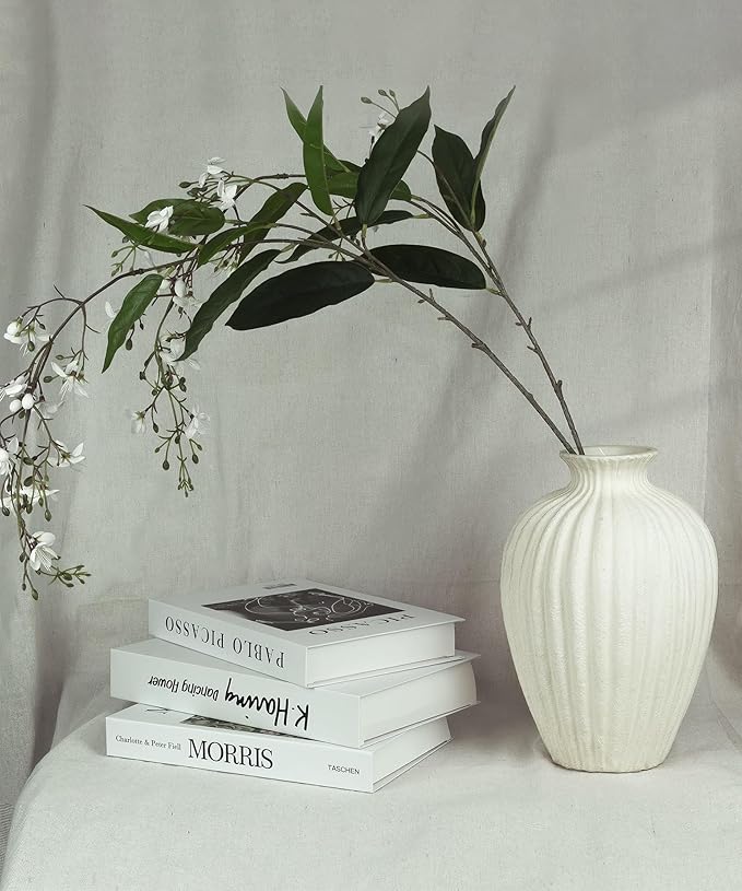 Handmade Ceramic Decorative Vase – Warm White Rustic Textured 10.4” Round Vase with Irregular Waves and Weathered Stone Finish for Home, Office, Farmhouse Decor