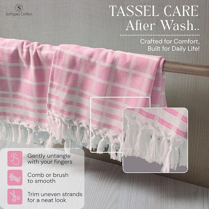 Matrix Dobby Kitchen Towels 4 Pack 100% Cotton, 16x26 Inches, Dish Towels with Knotted Tassels, Reusable and Washable Cloths for Cleaning, Drying Dishes - Rose Pink, Natural