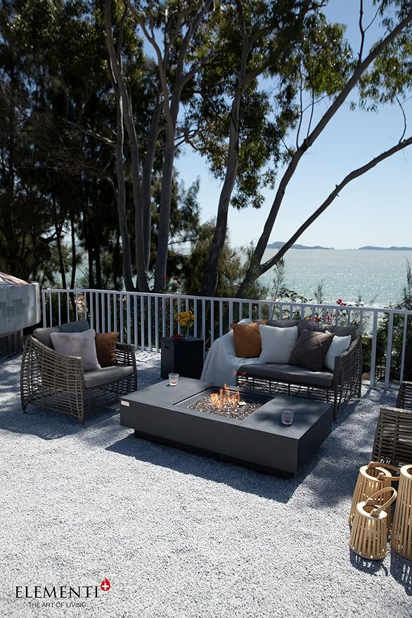 Elementi+ | Bundle Cannes Gas Fire Pit Cast Concrete 60" Rectangular Fire Table, Outdoor Fire Pit Electronic Ignition | Canvas Cover, Fire Glass and Burner Lid Included | Dark Gray | Propane Gas