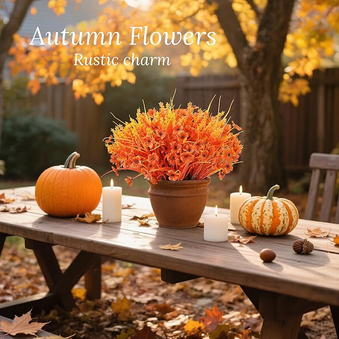 Der Rose 24 Bundles Fall Mums Artificial Flowers for Outdoor Fake Flowers Plants UV Resistant for Home Garden Porch Window Wedding Decor（Orange）