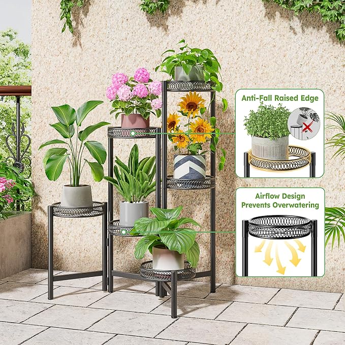6 Tier Large Plant Stand Indoor with 7.9-Inch Wide Drainage Tray, Tiered Corner Metal Outdoor Flower Display Holder Shelf, Folding Tall Rack for House Patio Porch Balcony Graden - BlackFlower