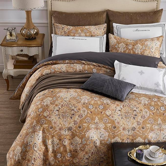 mixinni Long Staple Cotton Percale Golden Paisley Duvet Cover Queen Size Boho Floral Pattern 3 Pieces Soft Aesthetic Bedding Set for Him and Her, 1 Duvet Cover and 2 Pillowcases for All Seasons