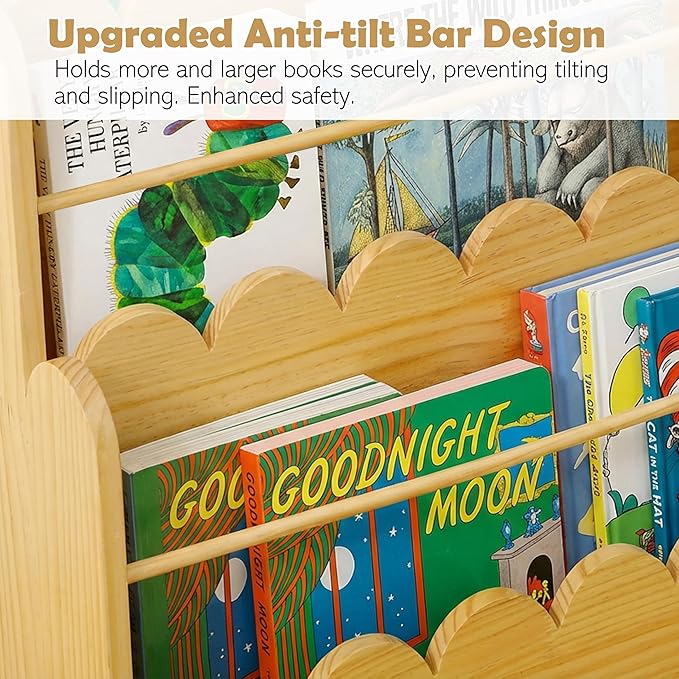 Scalloped Design | 3-Tier Montessori Solid Wood Kids Bookcase | 29.6" Wide Toddler Storage Shelf | Easy Access Floor Display Furniture for Playroom/Nursery