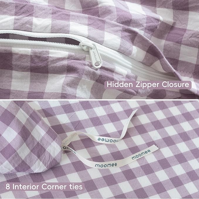 MooMee Gingham Duvet Cover Set 100% Washed Cotton Linen Like Textured Breathable Durable Soft Comfy Modern Checkered Design (Classic Gingham Light Purple, King 104"x90")