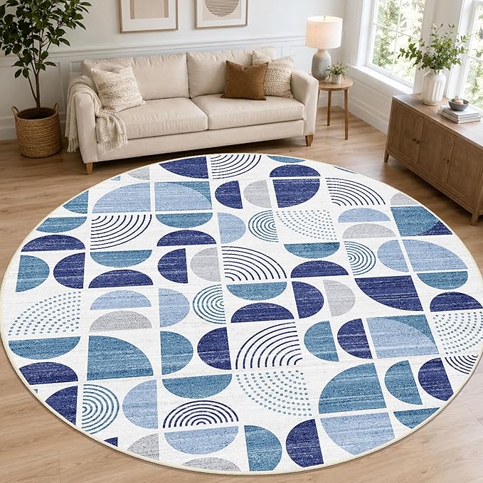MUJOO Round Rugs 9ft,Circle Area Rug Washable,Circular Rugs for Living Room Dining Room,Large Boho Non Slip Throw Floor Carpet Modern Abstract Navy Blue