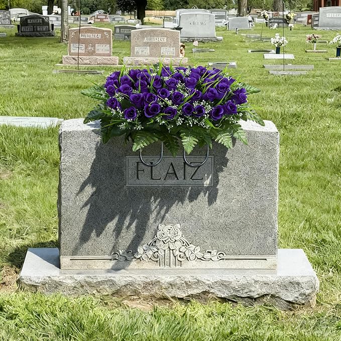 Artificial Cemetery Flowers Saddles, Artificial Memorial Rose Flowers, Outdoor Grave Saddle for Headstone Tombstone Decorations (Purple)
