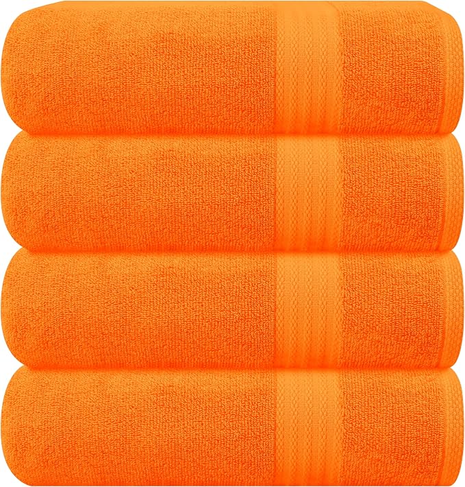 GLAMBURG Premium Cotton 4 Pack Bath Towel Set - 100% Pure Cotton - 4 Bath Towels 27x54 - Ideal for Everyday use - Ultra Soft & Highly Absorbent - Orange