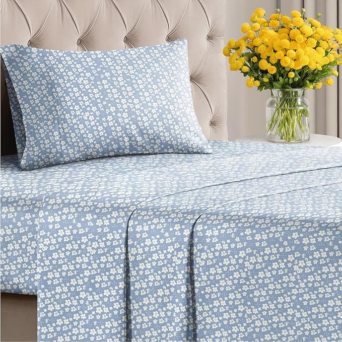 Floral Sheets - Blue Floral Bed Sheet Set - 1 Flat, 1 Fitted & 1 Pillowcase w/ Deep Pockets - Comfy, Wrinkle & Fade Free - Boho Botanical Bedding - Ultra-Soft, Breathable and Cooling - Twin Size Set