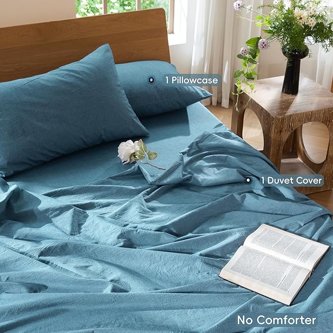 MooMee Bedding Duvet Cover Set 100% Washed Cotton Linen Like Textured Breathable Durable Soft Comfy (Heathered Peacock Blue, Twin 68"x90")