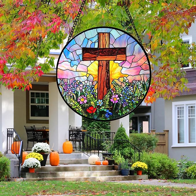 Christian Gifts for Women - Cross Stained Glass Window Hanging Jesus Easter Colorful Wildflowers Sun Catcher Garden Religion Decor Mother's Day Catholic Gift for Men Grandma Mom Her 6.3"