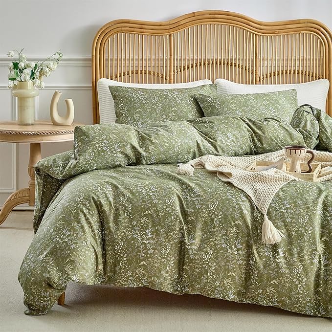mixinni 3 Pieces Duvet Covers King Size, 100% Cotton Comforter Cover Wildflower Printed on Army Green Floral Bedding Set with Zipper Closure 4 Ties (1 Duvet Cover 104"x90", 2 Pillow Cases 20"x36")