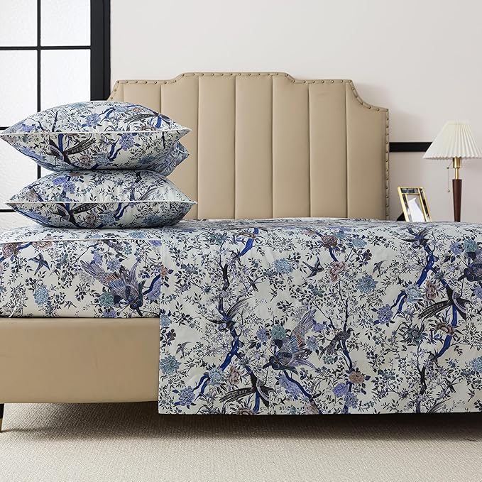 FADFAY Sheets Set Twin XL Botanical Bird Floral Bed Sheets Set Vintage Blue Farmhouse Bedding Shabby Branches Bedding Collections 100% Egyptian Cotton Breathable Soft Deep Pocket 4Pcs, Twin XL Size