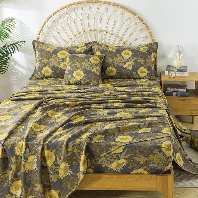 FADFAY Floral Sheets Set King Vintage Grey Yellow Floral Bedding Shabby Peony Farmhouse Bedding Super Soft Washed Double -Layer Muslin Sheets 100% Cotton Deep Pocket Fitted Sheet 4Pcs, King Size