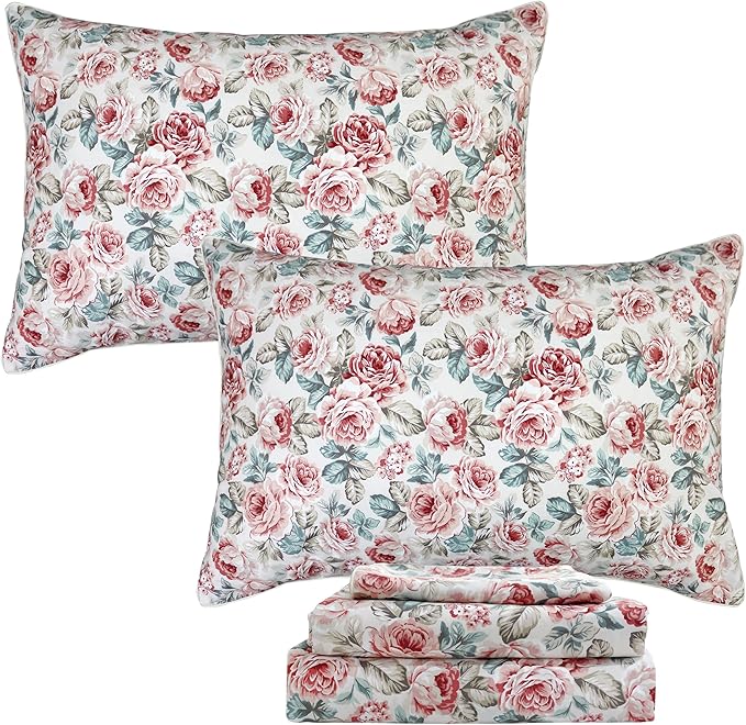 FADFAY Rose Floral Sheets Set King Vintage Red Floral Bedding Shabby Rustic Rose Sheets French Country Farmhouse Bedding 800 Thread Count 100% Egyptian Cotton Deep Pocket Fitted Sheet 4Pcs, King Size
