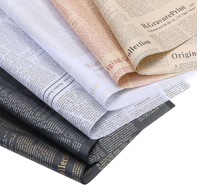 Large Newspaper Tissue Paper for Gift Wrapping Retro Kraft Magazine with Black Printed Bouquet Tissue Paper 27.5x19.7 Inch Mother's Day, Birthday Gifts Packaging Craft Paper 28pcs (2 Kraft Black)