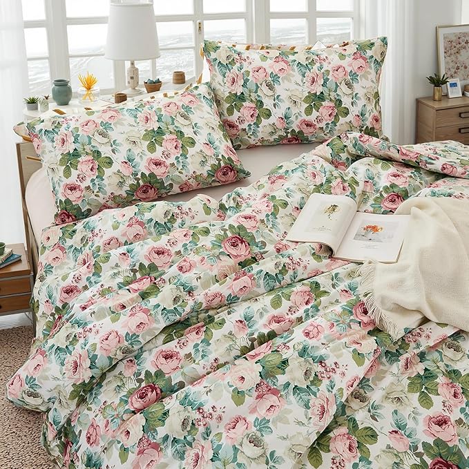 Rose Red Floral Queen Bedding Romantic Girls Comforter Set Soft Botanical Vintage & Country Home Decor for All Season