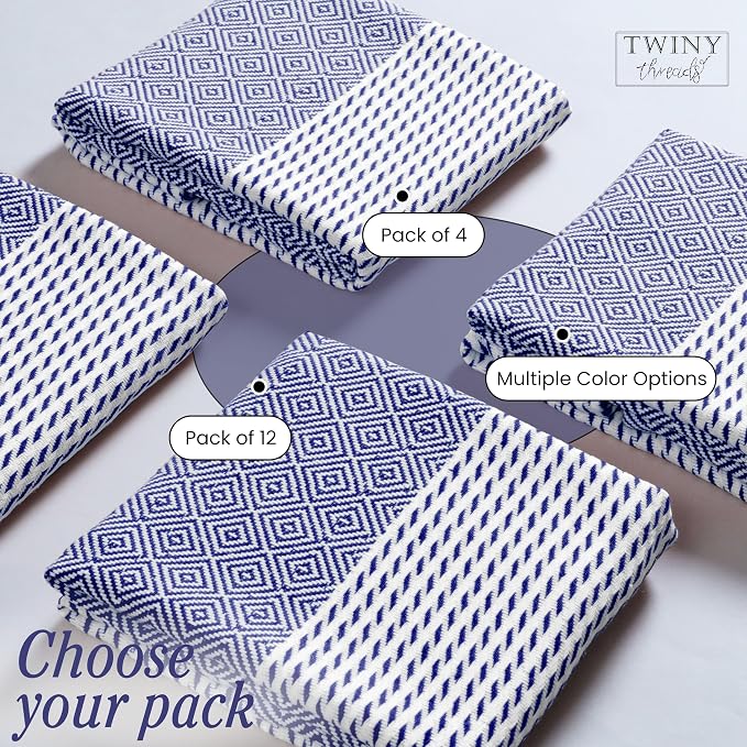 TWINY threads Dish Towel Diamond Pattern, Premium 100% Cotton Kitchen Linen Set, Large Wash Rags for Drying Dishes, Absorbent Quick Drying, Reusable, 4 Pack, 18"x26", Indigo Blue