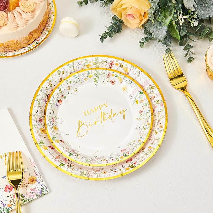 Crisky Wildflower Birthday Plates and Napkins set Women/Men Floral Disposable Tableware Set of 24 for Birthday Party Decorations (Plates, Napkin, Fork)