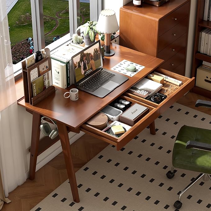 100% Solid Rubber Wood Desk Home Office Desk Mid Century Modern Writing Computer Desk with Drawer for Home Office 47"