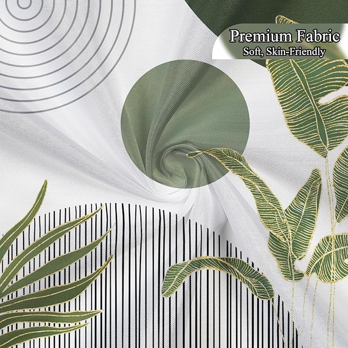Mid Century Boho Shower Curtain, Abstract Modern Sun Minimalist Aesthetic Shower Curtain, Bohemian Geometric Arch Curve Leaves Neutral Art Fabric Bathroom Curtains Sage Green 72x84 inch