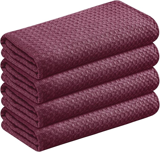 Burgundy Kitchen Towels – Waffle Weave, 100% Cotton, Soft & Absorbent, Fast Dry, Durable, 16x26 Inches, Perfect for Dish Drying, Bar, Cleaning, Hand Wipe and Everyday Use, Set of 4