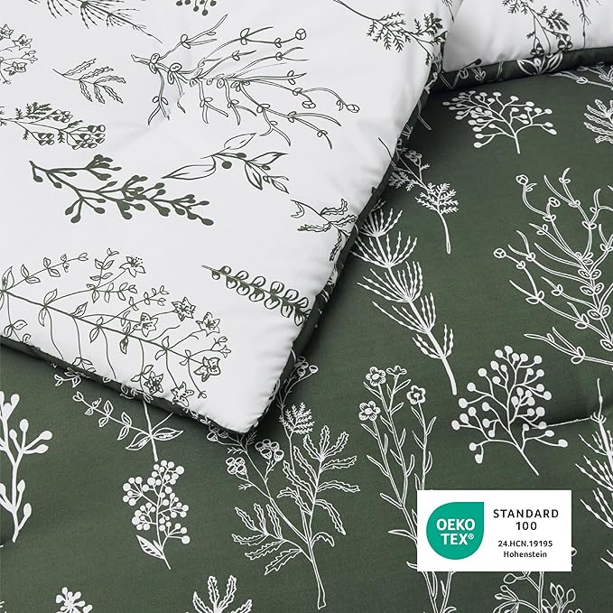 Bedsure Queen Comforter Set - Dark Olive Green Bed Set, 3 Pieces Cute Floral Bedding, 1 Soft Reversible Botanical Flowers Comforter and 2 Pillow Shams