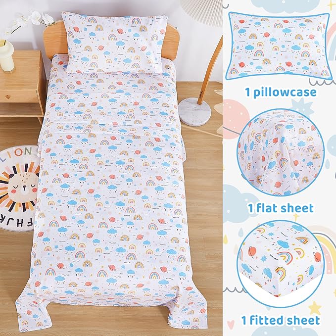 Viviland 3 Pieces Girls Rainbow Twin Sheet Set - Soft Microfiber Fitted Flat Sheets & Pillowcase - Colorful Cloud Bedding Sets - for Kids & Toddlers