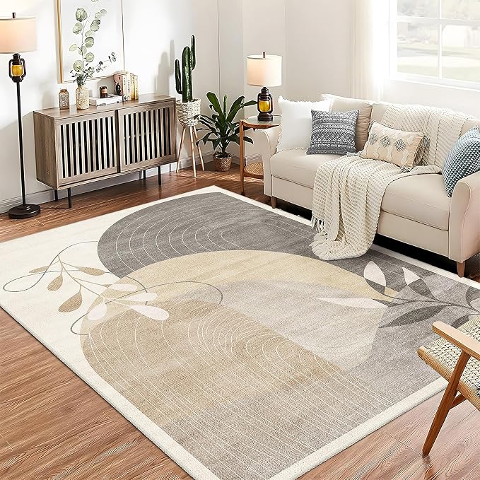 MUJOO 5x7 Area Rugs for Bedroom Living Room,Boho Washable Rug Non Slip Throw Carpet for Office Dining Room Indoor Mid Century Modern Abstract Botanical Geometric Accent Neutral Beige