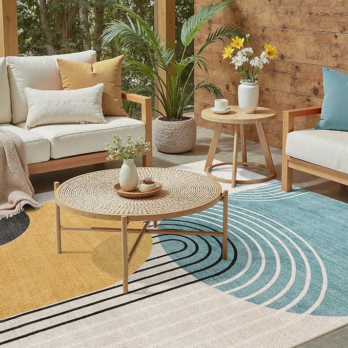 DCX Abstract Machine Washable 5x7 Rug, Mid Century Modern Rug for Living Room, Soft Low Pile Non Slip Carpet, Kid & Pet Friendly Stain Resistant Rug for Bedroom Dining Room Office, Blue & Yellow