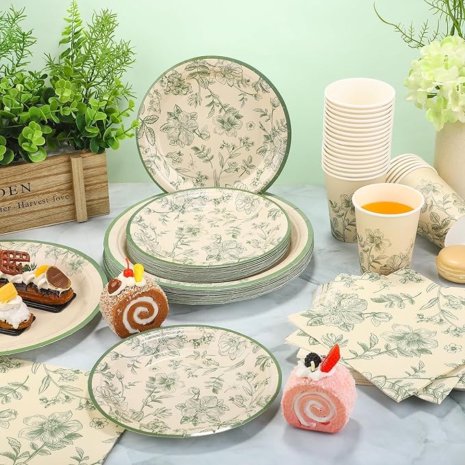 96 Pieces Sage Green Floral Party Supplies Elegant Floral Disposable Tableware Set Includes 9 Inch and 7 Inch Paper Plates, Cups, Napkins Serves 24 Guests for Birthday Baby Shower Wedding