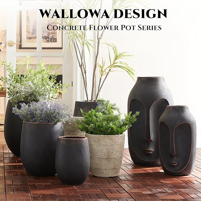 Wallowa 13.3" Dia x 15.3" H Concrete Planter, Outdoor Planter, Black with Gold Rim, Flower Pot with Drainage Hole and Silicone Plug, Plant Container for Garden, Patio, Home, Office, 1 Pack