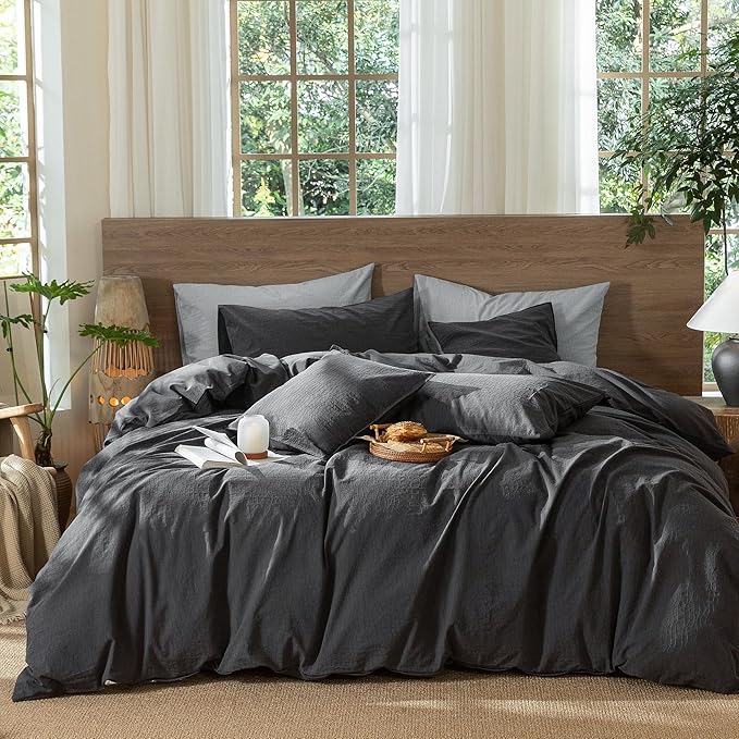 MooMee Wavy Striped Duvet Cover Set 100% Washed Cotton Linen Like Textured Breathable Durable Soft Comfy (Charocal Grey, Super Queen 90"x98")
