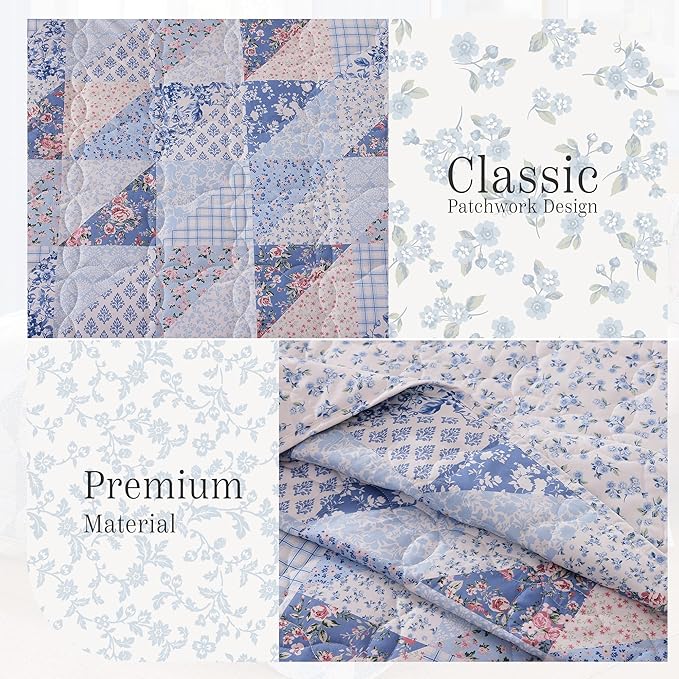 Quilt Set King Size, Patchwork Blue Pink Marigold Floral Quilt Sets, Reversible Bedspread Lightweight and Breathable for All Seasons, Soft Quilted Bedspread with 2 Pillow Shams