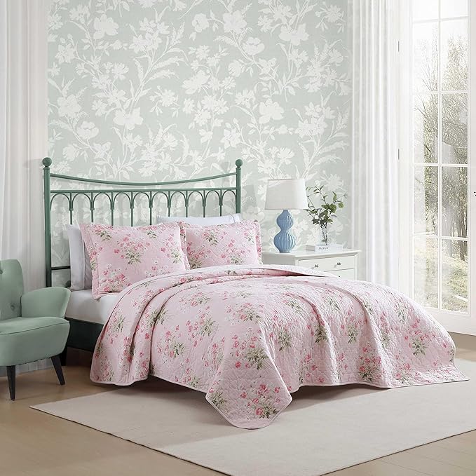 Laura Ashley - Queen Quilt Set, Reversible Premium Bedding with Matching Shams, Coquette Room Decor (Veronicas Bouquet Pink, Queen)