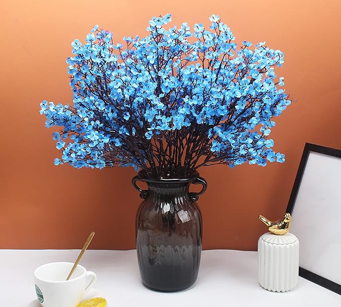 10pcs Babys Breath Artificial Flowers With Vase Gypsophila Bouquet Bulk Fake Spring Silk Flowers Real Touch Faux Floral for Home Bedroom Kitchen Garden Wedding Christmas Party Decor (Blue)