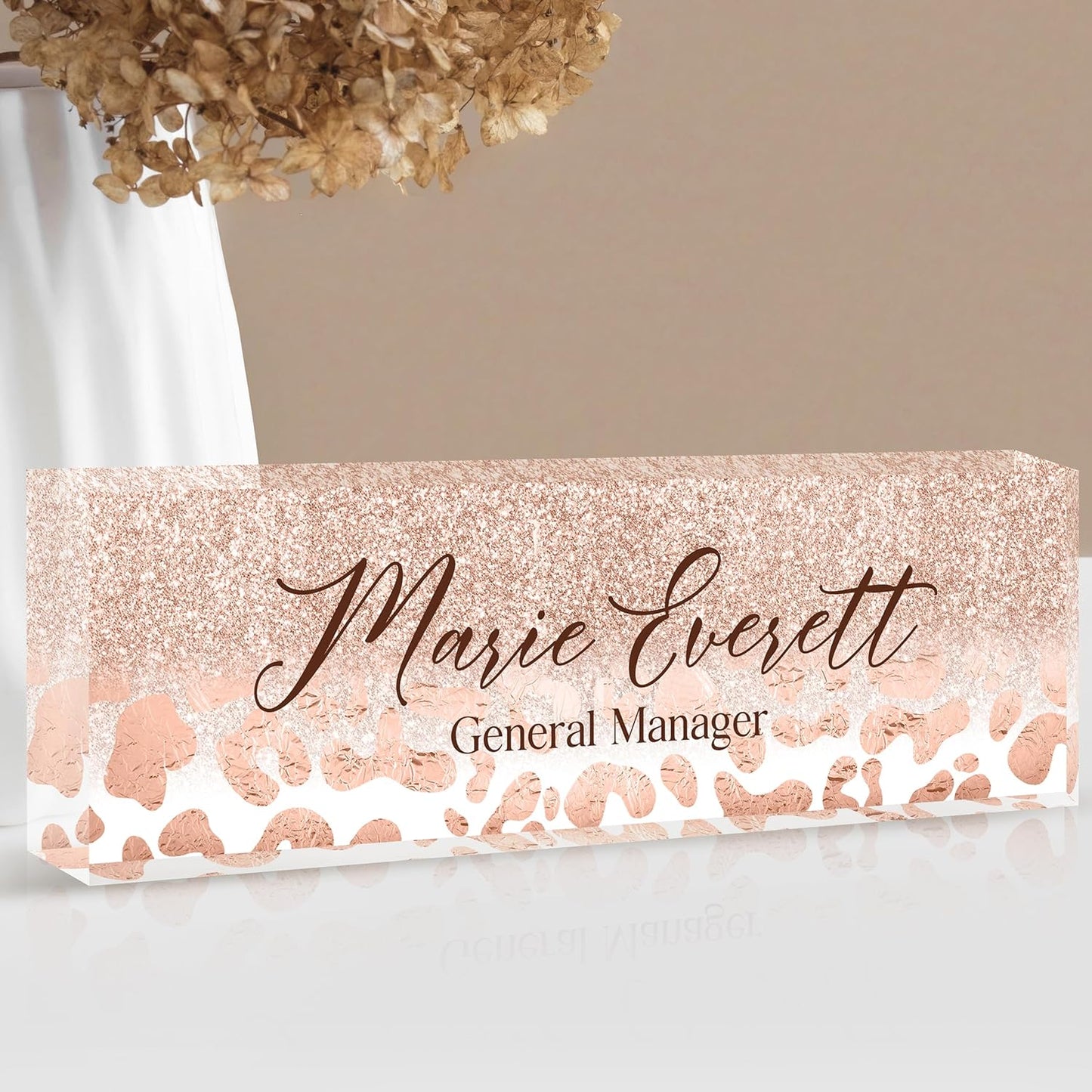 Skiennix Custom Name Plate - Personalized Desk Name Plate | Elegant A-Rose Gold Leopard Print Design