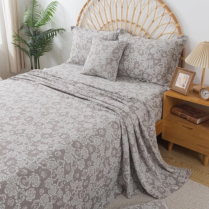 FADFAY Rose Sheets Set King Vintage Curry Floral Bedding Shabby Farmhouse Bedding Super Soft Washed Double -Layer Muslin Sheets Luxury 100% Cotton Breathable Deep Pocket Fitted Sheet 4Pcs, King Size