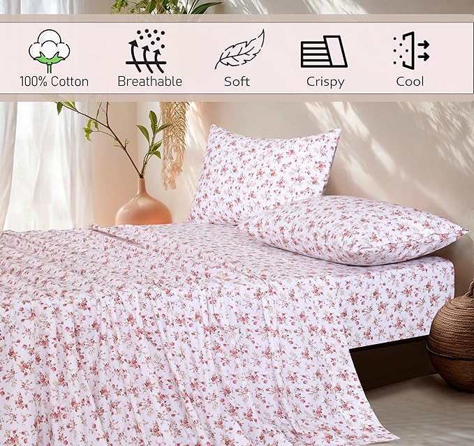 RUVANTI 100% Cotton California King Sheet Sets, 4 Pieces, Soft & Breathable Percale Weave Bedding, Deep Pocket 14", Hotel Standard, Crisp Cool Feel & Durable, Perfect Floral Sheets, Bouquet