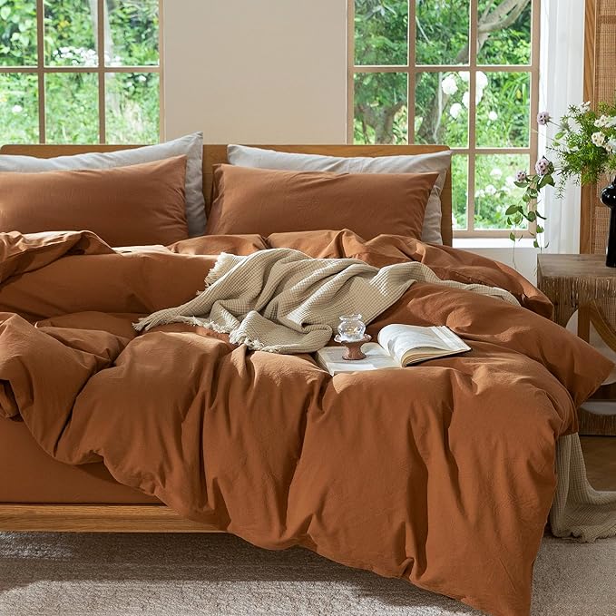 MooMee Bedding Duvet Cover Set 100% Washed Cotton Linen Like Textured Breathable Durable Soft Comfy (Solid Dark Orange, Super Queen 90"x98")