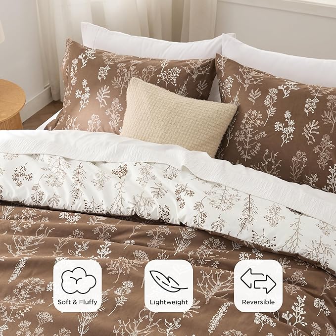 Bedsure Twin/Twin XL Comforter Set - Brown Bed Set, 2 Pieces Cute Floral Bedding, 1 Soft Reversible Botanical Flowers Comforter and 1 Pillow Shams