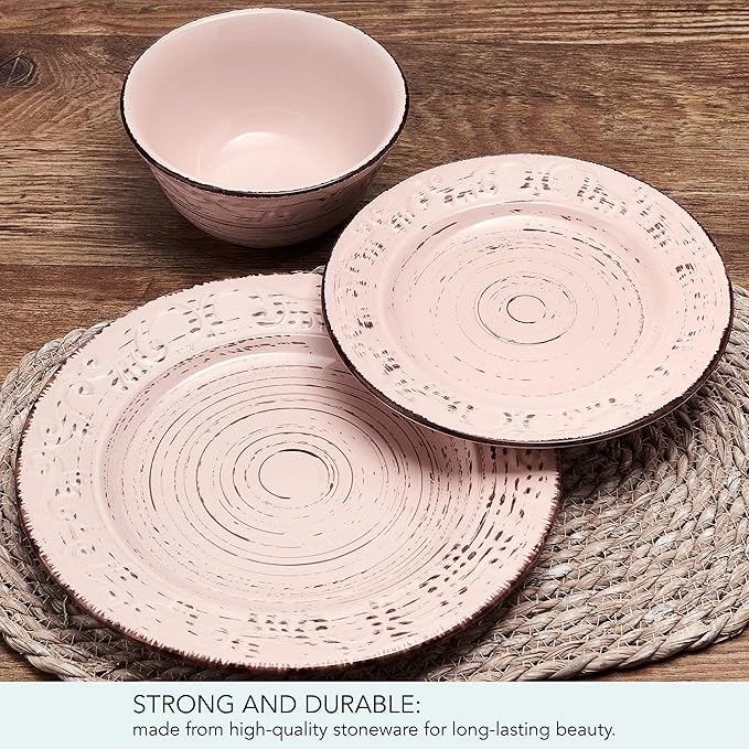 Pfaltzgraff Pink Trellis 12-Piece Dinnerware Set, Stoneware Plates and Bowls Sets for 4, Dishwasher and Microwave Safe, Rustic Garden-Inspired Design