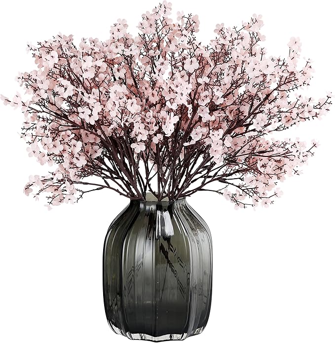 JAKY-Global Babys Breath Silk Artificial Flowers Bulk with Vase 10pcs Fall Decor Fake Flower Bouquet Bulk for Home Indoor Floral Arrangement Table Centerpieces Party Decor(Autumn Pink with Vase)
